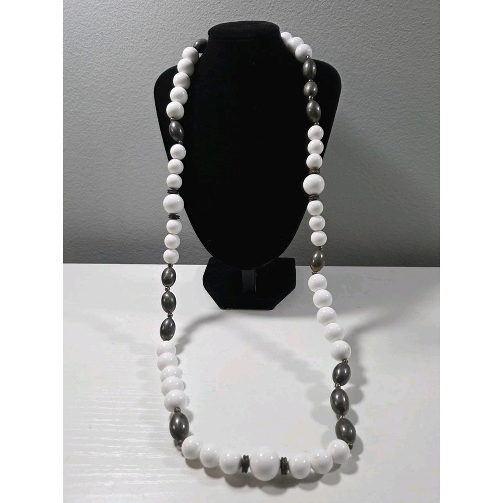 Vintage‎ Numbered Dauplaise Necklace  White & Silverplated Beads  15" Drop
